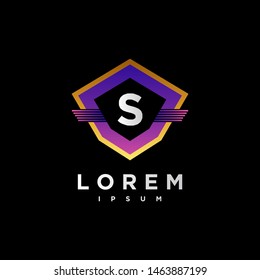 Abstract letter S logo design template. gradient purple and black Color shield creative sign. Universal vector icon.
