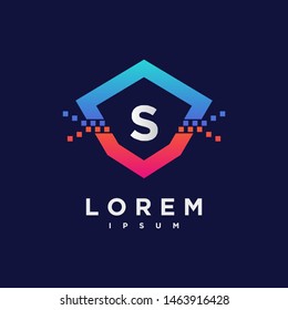 Abstract letter S logo design template. blue and pink gradient Color pixel shield creative sign. Universal vector icon.