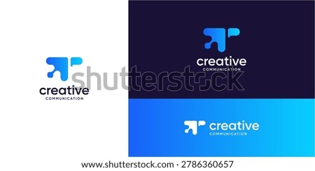 Abstract letter T with arrow and bubble speech logo design ideas. Media tech for talk, chat, and consult forum communications.	
