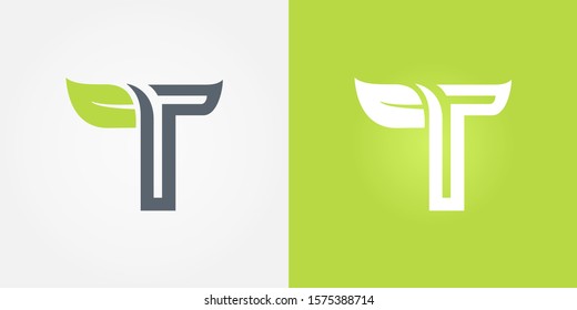 Abstract letter T line logo design template. grey and green Color ecology creative sign. Universal vector icon. Element, organic, natural, bio Icons.