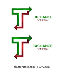 Abstract Letter T logo with Arrow Forward Signs, Express Exchange Symbols, Transportation Export Import icons, Technology Digital Connection concept for Corporate identity Trading Business company