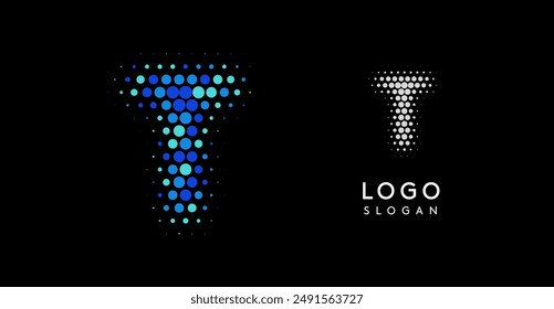 Abstract letter T logo with blue gradient dots, modern minimalist design. Ideal for business branding, corporate identity, technology firms. Stylish and professional symbol. Vector illustration