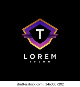 Abstract letter T logo design template. gradient purple and black Color shield creative sign. Universal vector icon.