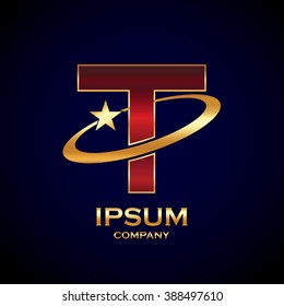 Abstract letter T logo, star symbol, sign saturn, ring shape with sample text for your company
