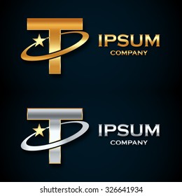 Abstract letter T logo,gold and silver star symbol,sign saturn,ring shape with sample text for your company