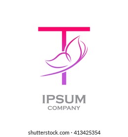 Abstract letter T logotype Pink colour with Butterfly Linear style logo, Beauty and Cosmetic sign for your Corporate identity