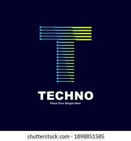 Plantilla de vector del logotipo de la tecnología T de letras abstractas. Adecuado para la industria de fuentes digitales con punto, color gradiente y estilo moderno. También adecuado para el negocio de las máquinas.