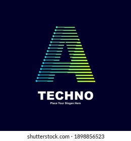 Abstract Letter A Technology Logo Vector Template. Suitable For Digital Font Industry With Dot, Gradient Color And Modern Style. Also Suitable For Machine Business.