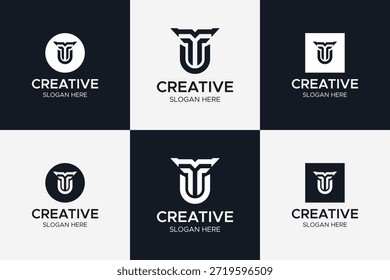 Abstrakter Buchstabe TU- oder UT-Monogramm-Logo mit Flügelelement und geometrischem Schilddesign