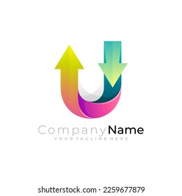 Letra abstracta U y plantilla de logotipo de flecha, diseño 3d colorido