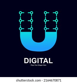 Abstract letter U with dots connection vector logo design. Suitable for biotechnology molecule atom DNA chip symbol, Medicine, science, technology, laboratory, electronic