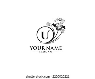 Abstract letter U with flower logo design, logo U vector, handwritten logo of signature, wedding, fashion shop, cosmetics shop, beauty shop, boutique, floral creative logo design.