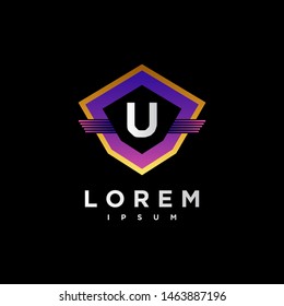 Abstract letter U logo design template. gradient purple and black Color shield creative sign. Universal vector icon.