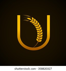 Abstract letter U logo design template with Ears of Wheat,Rice,Vector Illustration