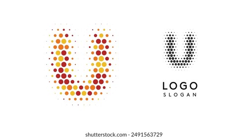 Abstract letter U logo with orange to red gradient dots, dotted emblem for business branding, corporate identity, technology firms. Stylish and professional symbol. Vector illustration