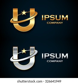 Abstract Letter U Logo,gold And Silver Star Symbol,sign Saturn,ring Shape With Sample Text For Your Company