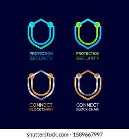 Abstract Letter U Logotype, Protection Shield Security logos with Modern line Cross shape and Link Dots or sync signs, Connect Technology and Digital symbols, Blockchain and Data concept