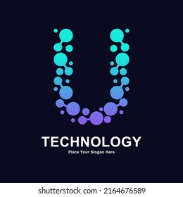 Abstract Letter U with molecule element and dots connection vector logo design. Suitable for biotechnology molecule atom DNA chip symbol, Medicine, science, technology, laboratory, electronics