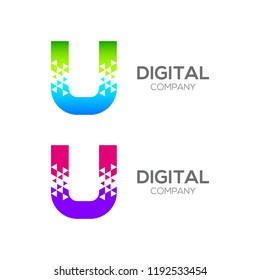Abstract Letter U Pixel logo with Triangle Shape, Arrow Fly Forward Signs, Media Play Symbols, Technology and Digital Connection concept for your Corporate identity Business company
