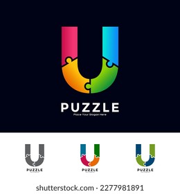 Abstract letter U puzzle pieces colorful vector logo design. Suitable for business, education, game, sticker and template