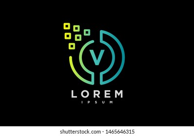 Abstract letter V line logo design template. black, blue and green gradient Color pixel creative sign. Universal vector icon. Logotypes of Digital Concepts and Circles, Connections and Networks Icons.