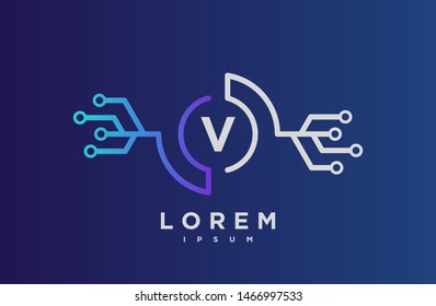 Abstract letter V line logo design template. blue and white gradient Color link creative sign. Universal vector icon. Logotypes of Digital Concepts and Circles, Connections and Networks Icons.