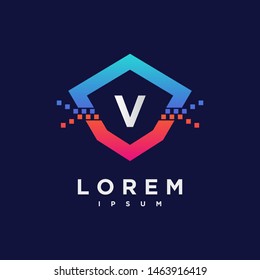 Abstract letter V logo design template. blue and pink gradient Color pixel shield creative sign. Universal vector icon.