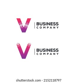 Abstract Letter V Logo design with Pixels Hexagon Shape for Technology and Digital Business Company