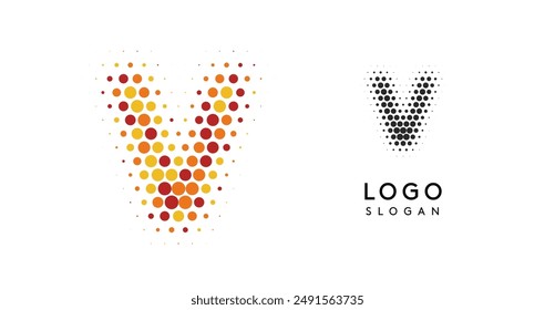 Abstract letter V logo with orange to red gradient dots, dotted logotype for business branding, corporate identity, technology firms. Stylish and professional symbol. Vector illustration