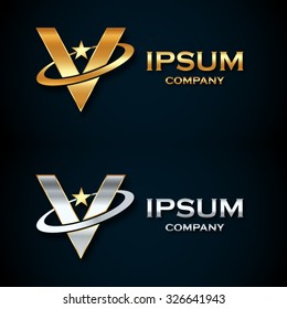 Abstract Letter V Logo,gold And Silver Star Symbol,sign Saturn,ring Shape With Sample Text For Your Company