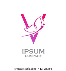Abstract letter V logotype Pink colour with Butterfly Linear style logo, Beauty and Cosmetic sign for your Corporate identity