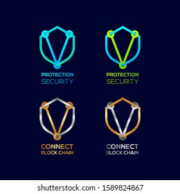 Abstract Letter V Logotype, Protection Shield Security logos with Modern line Cross shape and Link Dots or sync signs, Connect Technology and Digital symbols, Blockchain and Data concept