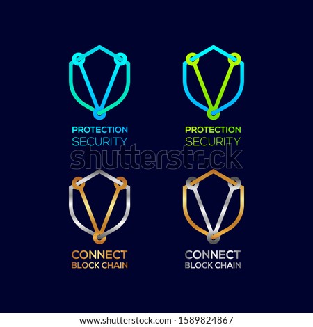 Abstract Letter V Logotype, Protection Shield Security logos with Modern line Cross shape and Link Dots or sync signs, Connect Technology and Digital symbols, Blockchain and Data concept
