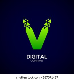 Abstract Letter V Pixel logo with Triangle Shape, Green Arrow Fly Forward Signs, Media Play Symbols, Technology and Digital Connection concept for your Corporate identity Business company