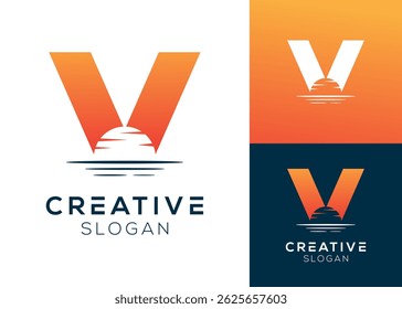 Abstract letter V with sunset or sunrise logo design for landscape and sea