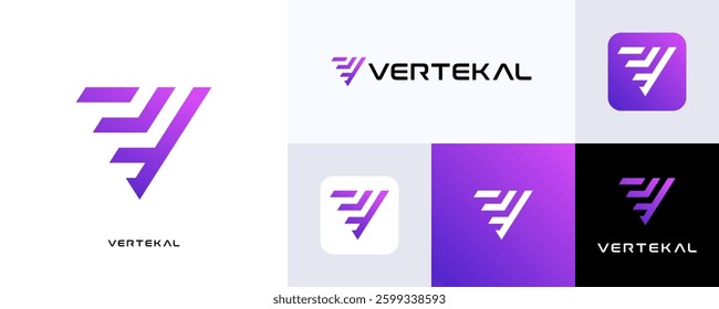 Abstract letter V tech logo icon design with dynamic gradient, Triangle V with gradient stripes, Creative symbol V simple modern vector illustration