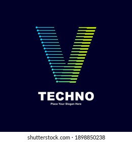 Abstract letter V technology logo vector template. Suitable for digital font industry with dot, gradient color and modern style. Also suitable for machine business.