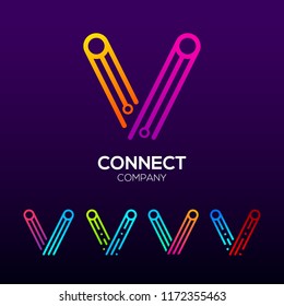 Abstract Letter V with Three lines, Circle and Square shape, Dots Connection logotype ,Fast Speed, Link, Digital and Technology for your Corporate identity