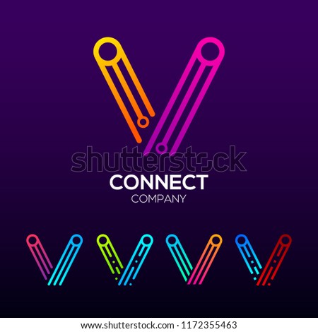 Abstract Letter V with Three lines, Circle and Square shape, Dots Connection logotype ,Fast Speed, Link, Digital and Technology for your Corporate identity