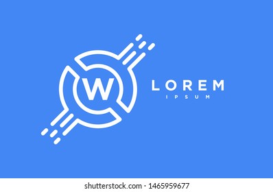 Abstract letter W line logo design template. white and blue gradient Color dot pixel creative sign. Universal vector icon. Logotypes of Digital Concepts and Circles, Connections and Networks Icons.