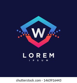 Abstract letter W logo design template. blue and pink gradient Color pixel shield creative sign. Universal vector icon.
