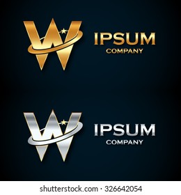 Abstract Letter W Logo,gold And Silver Star Symbol,sign Saturn,ring Shape With Sample Text For Your Company