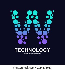 Abstract Letter W with molecule element and dots connection vector logo design. Suitable for biotechnology molecule atom DNA chip symbol, Medicine, science, technology, laboratory, electronics