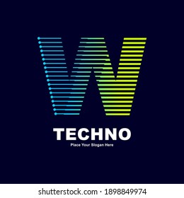 Letra abstracta plantilla vectorial del logotipo de la tecnología W. Adecuado para la industria de fuentes digitales con punto, color gradiente y estilo moderno. También adecuado para el negocio de las máquinas.