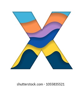 Abstract letter X cut paper silhouette different colors with shadows