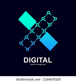 Abstract letter X with dots connection vector logo design. Suitable for biotechnology molecule atom DNA chip symbol, Medicine, science, technology, laboratory, electronic