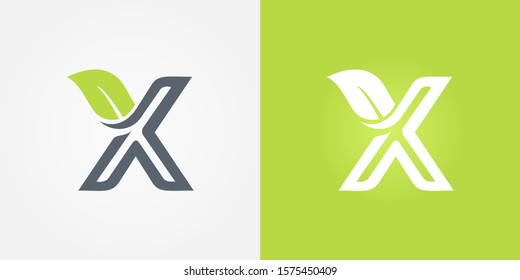 Abstract letter X line logo design template. grey and green Color ecology creative sign. Universal vector icon. Element, organic, natural, bio Icons.