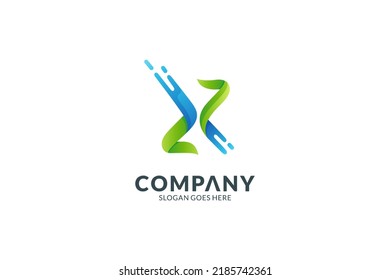 Abstract letter X logo with water splash in green and blue color gradient