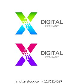 Abstract Letter X Pixel logo with Triangle Shape, Arrow Fly Forward Signs, Media Play Symbols, Technology and Digital Connection concept for your Corporate identity Business company