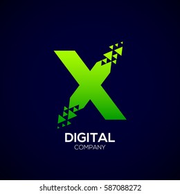 Abstract Letter X Pixel logo with Triangle Shape, Green Arrow Fly Forward Signs, Media Play Symbols, Technology and Digital Connection concept for your Corporate identity Business company